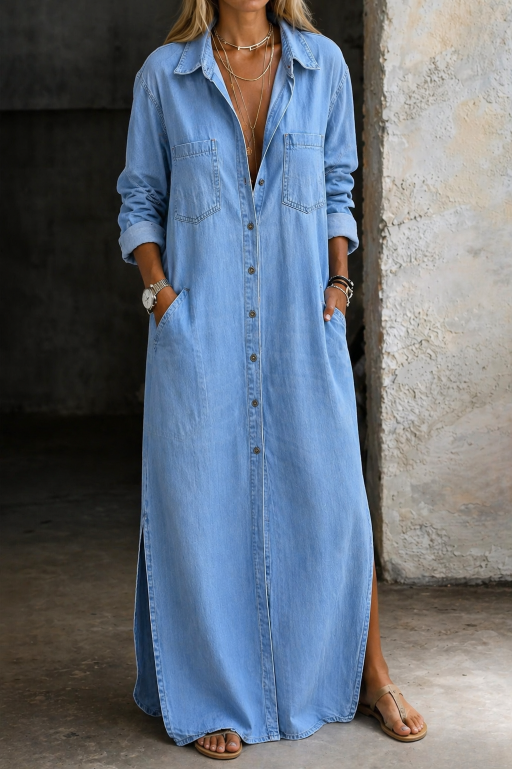 Button Front Collared Long Sleeve Denim Maxi Shirt Dress