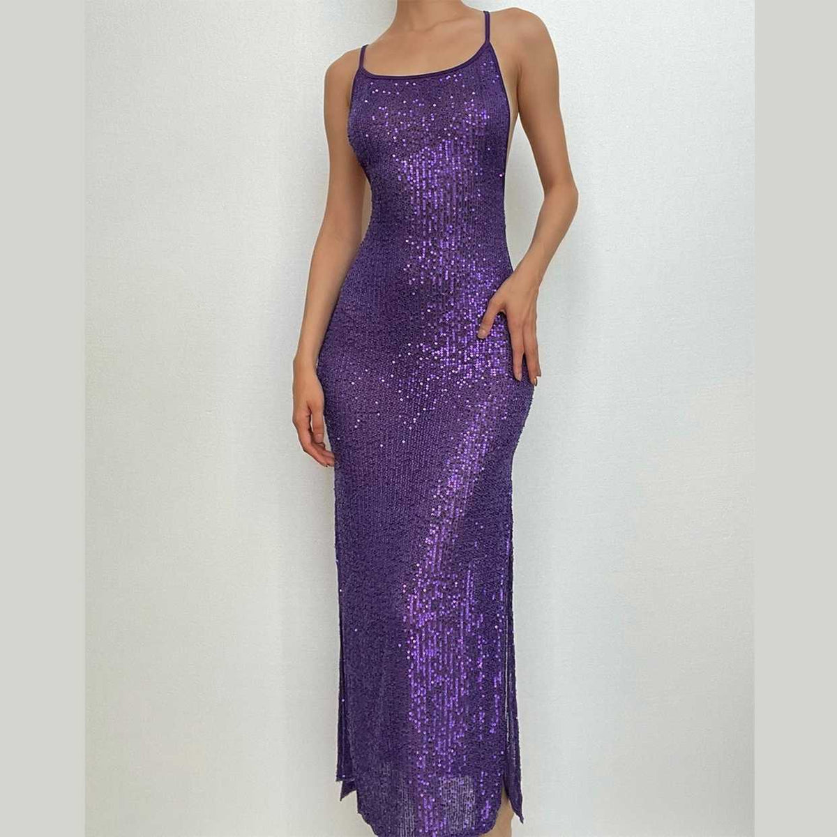 Glitter u neck see through backless cami maxi dress - View 2