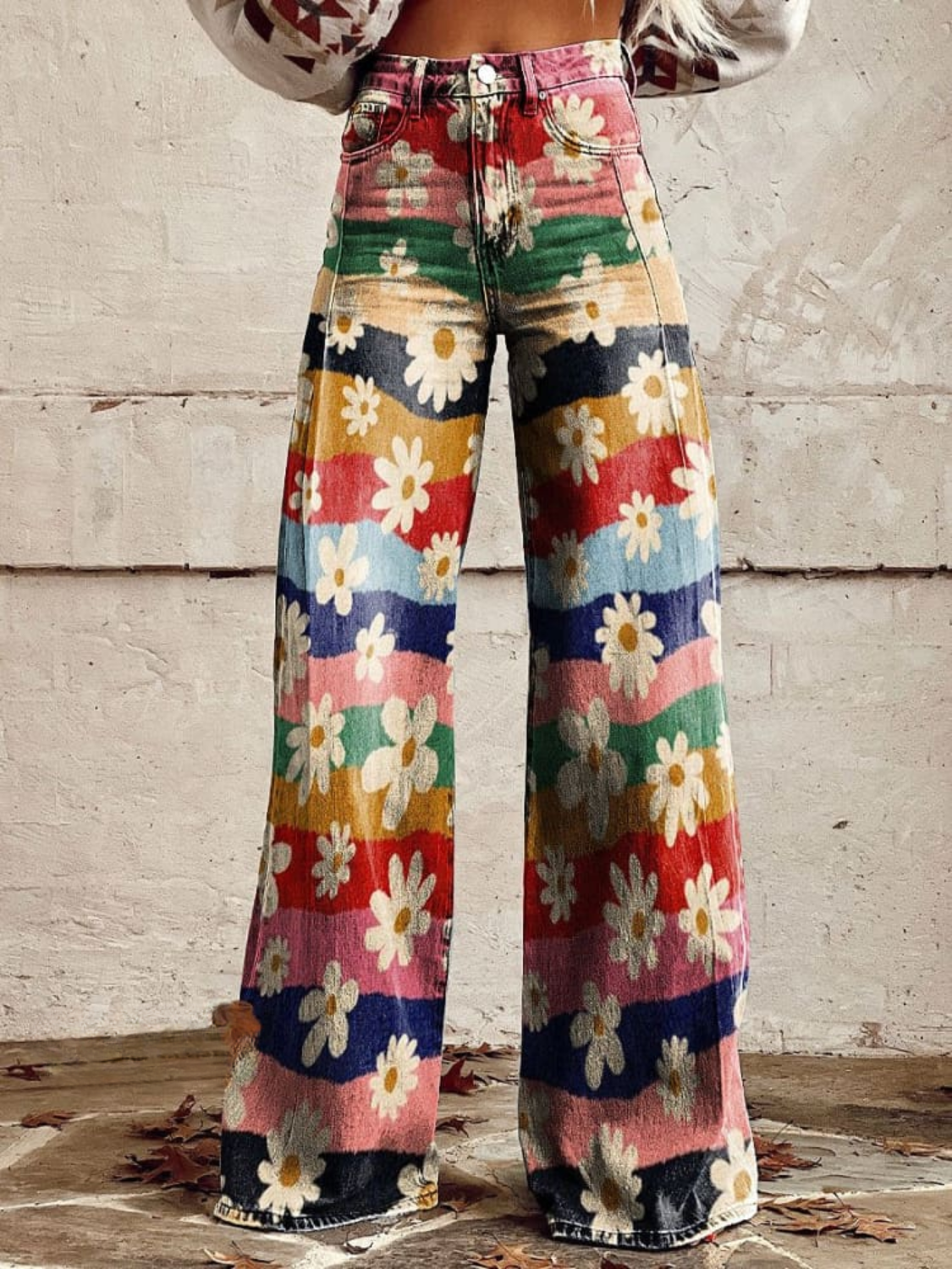 Daisy Floral Stripe Print High Waist Wide Leg Pants