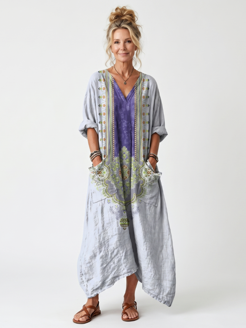 Border Print V-Neck Long Sleeve Pocket Maxi Dress
