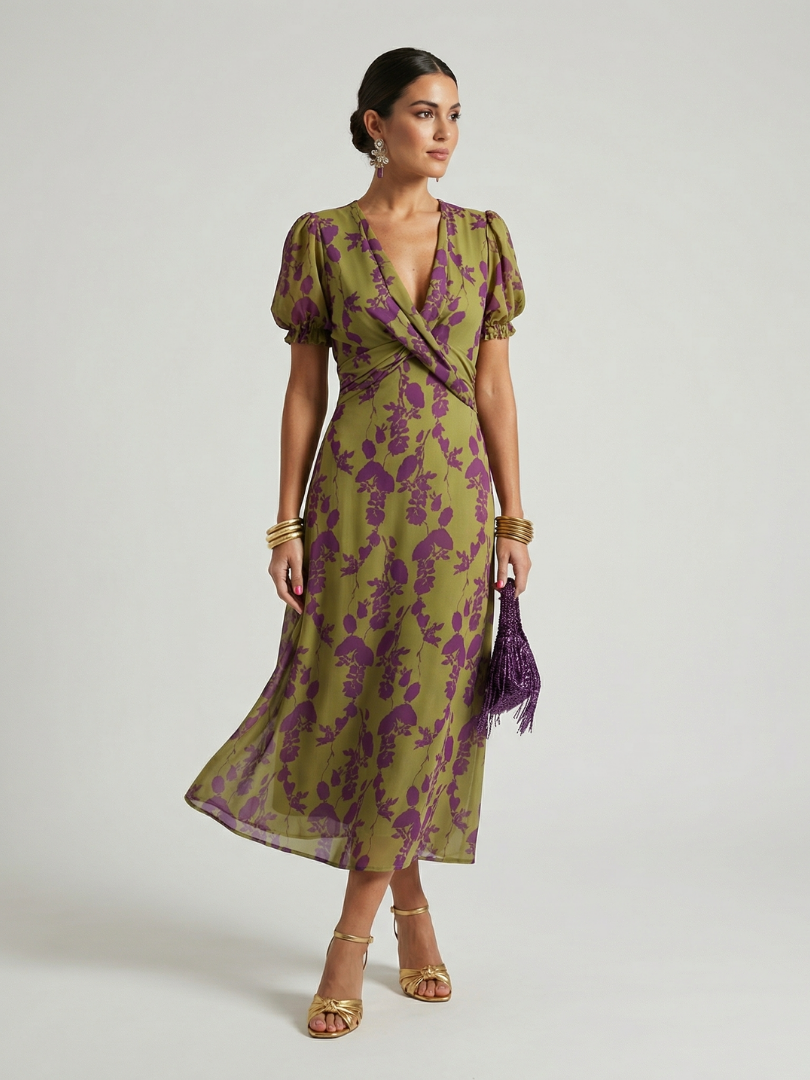 Floral Deep V-Neck Puff Sleeve Wrap Midi Dress