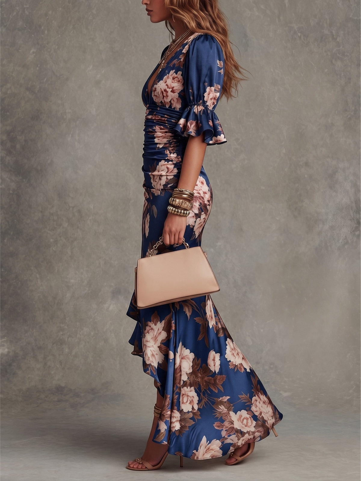 Floral Deep V-Neck Flare Sleeve Ruched High Split Maxi Dress 3