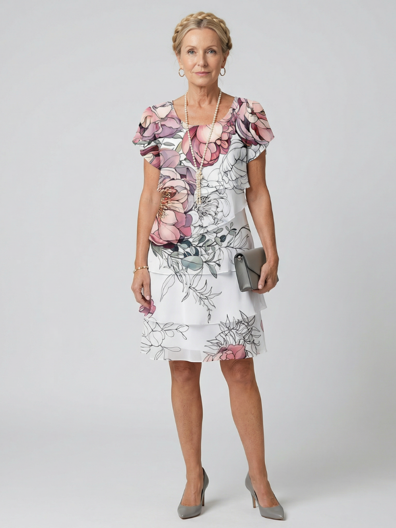 Watercolor Floral Flutter Sleeve Tiered Knee Length Dress