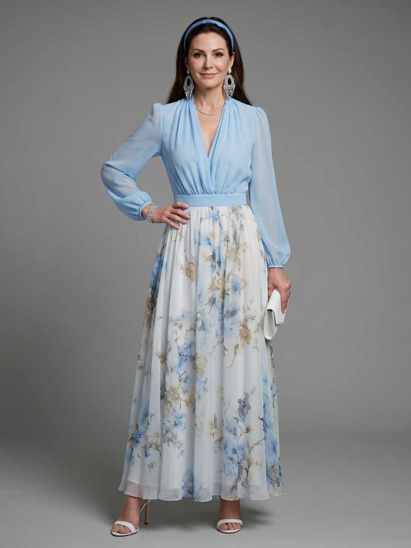 Surplice V-Neck Long Sleeve Floral Skirt Chiffon Maxi Dress