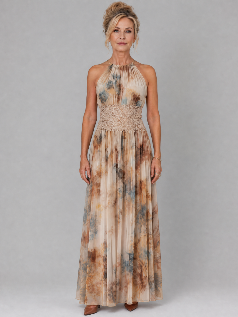 Floral Print Halter Neck Lace Waist Pleated Maxi Dress