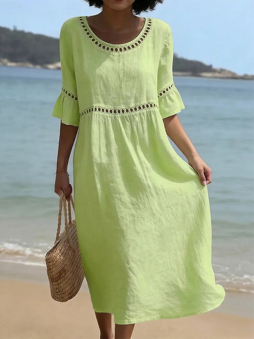 Round Neck Crochet Trim Flare Sleeve Beach Midi Dress