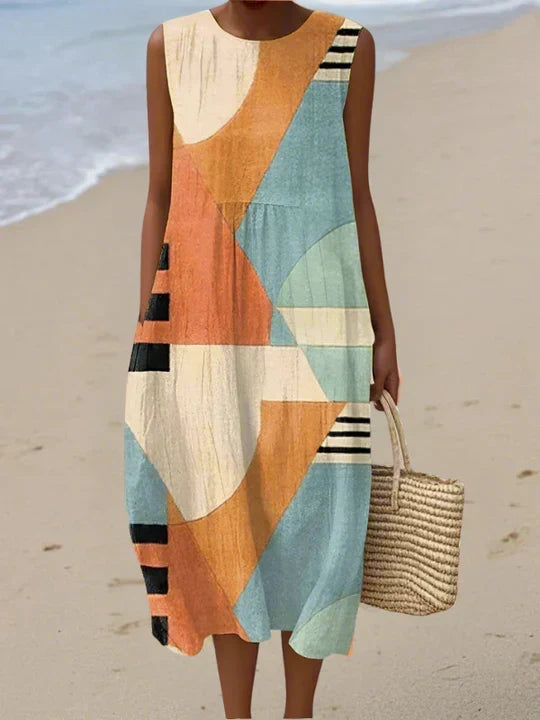 Geometric Colorblock Sleeveless Midi Dress