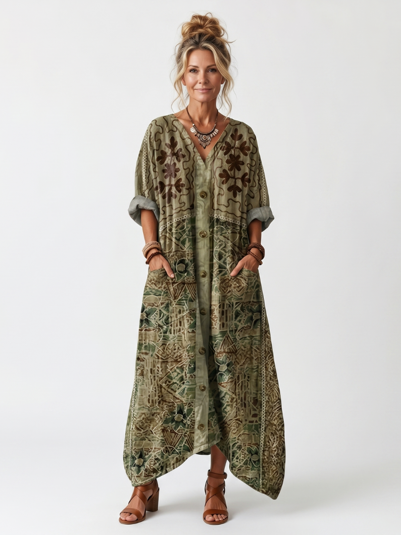 Printed V-Neck Button Front Pocket Oversized Maxi Dress