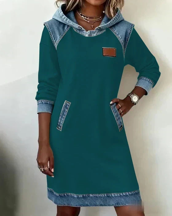Hooded Denim Contrast Long Sleeve Sweatshirt Dress 7