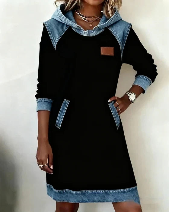 Hooded Denim Contrast Long Sleeve Sweatshirt Dress 4