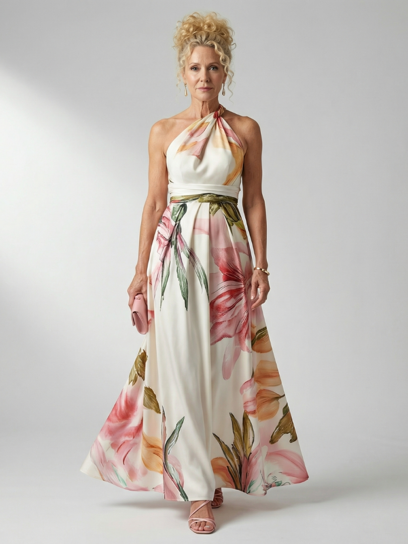 Floral Halter Neck One Shoulder Satin Maxi Dress