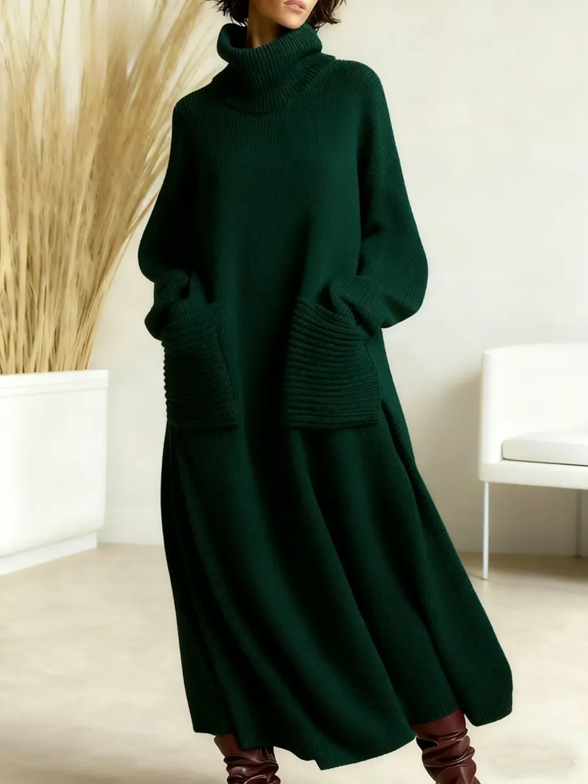 Turtleneck Pocket Knit Maxi Sweater Dress 5