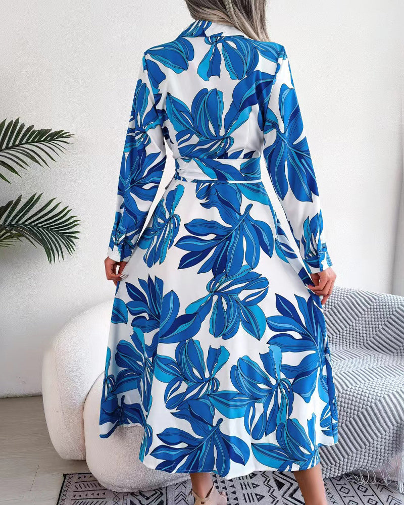 Tropical Leaf Print Collared Button Front Belted Shirt Maxi Dress 5