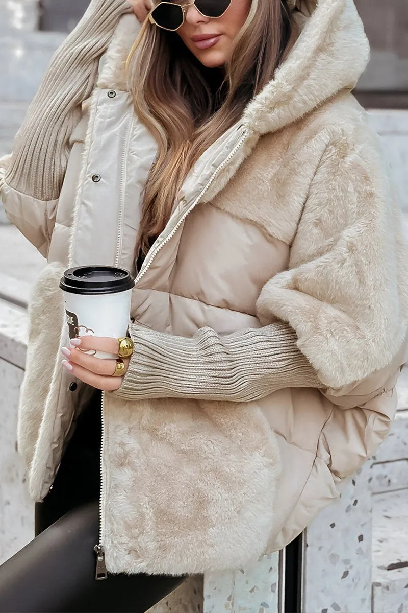 Hooded Faux Fur Ribbed Cuff Padded Puffer Jacket 8