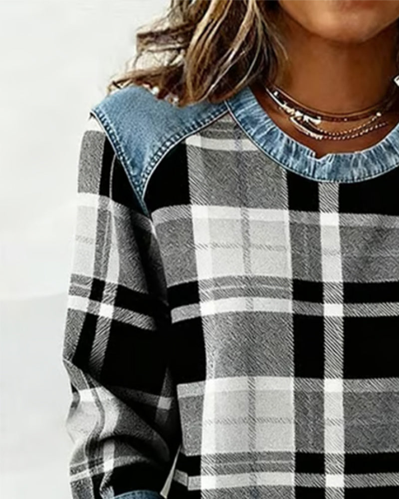 Crew Neck Plaid Denim Contrast Long Sleeve Sweatshirt 7
