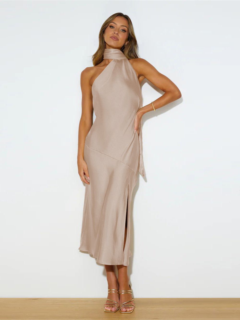 Satin Asymmetric One Shoulder Choker Neck Midi Cocktail Dress