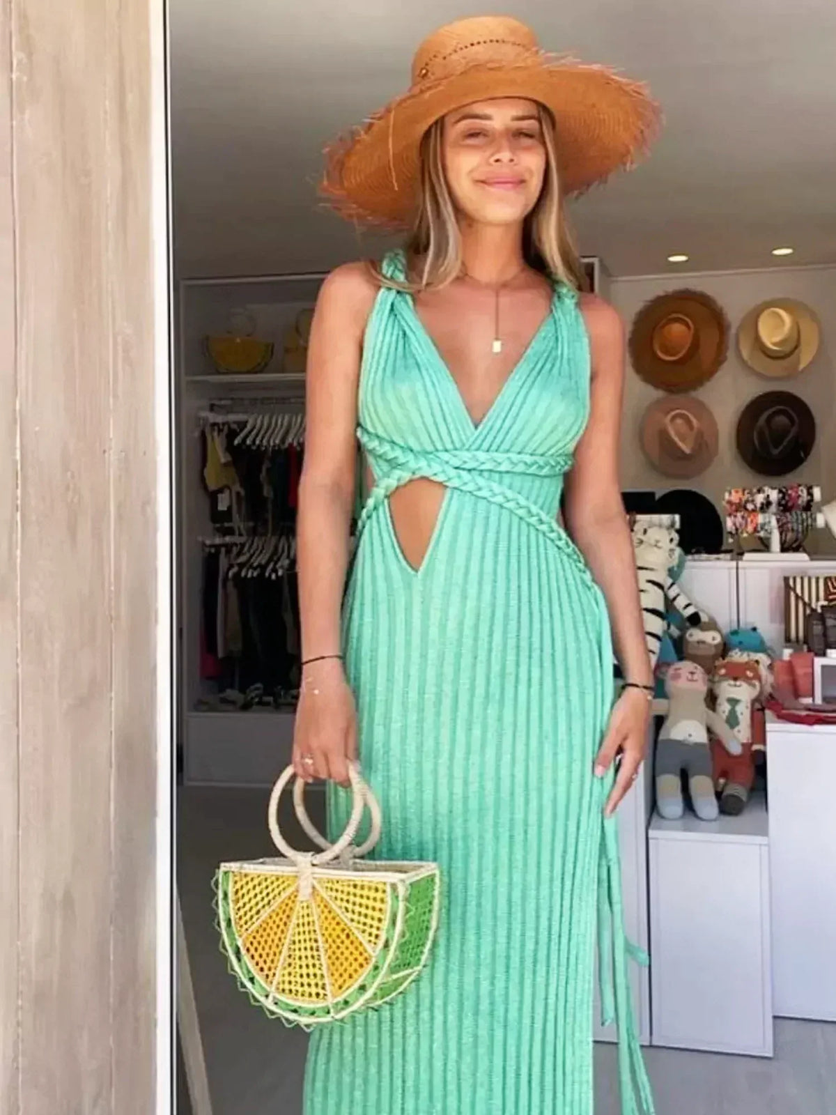 Ribbed Knit Halter Neck Deep V-Neck Cut Out Bodycon Maxi Dress - View 3