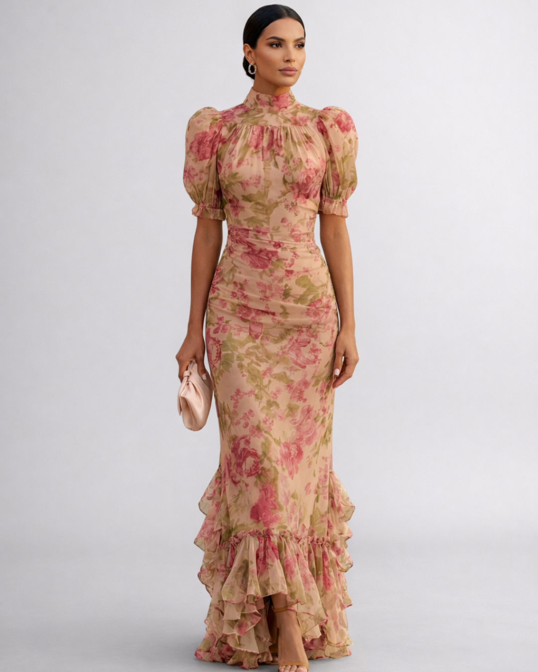 Floral Print High Neck Puff Sleeve Ruffle Hem Maxi Dress 2