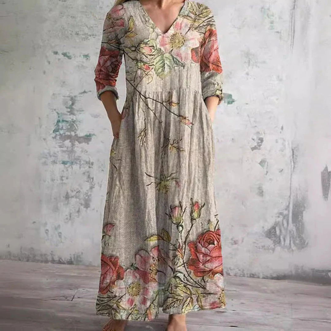 Floral Print V-Neck Long Sleeve Tiered Maxi Dress