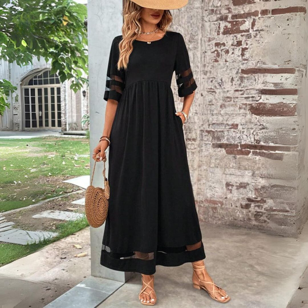 Round Neck Mesh Insert Half Sleeve Maxi Dress 2