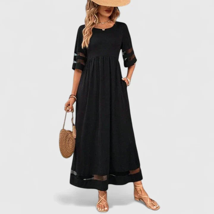 Round Neck Half Sleeve Sheer Stripe Gathered Waist Midi Dress 3