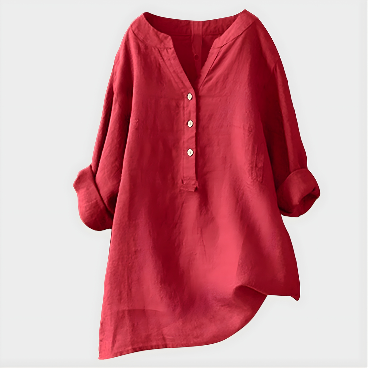 Band Collar Half Button Roll Sleeve Linen Blouse 2