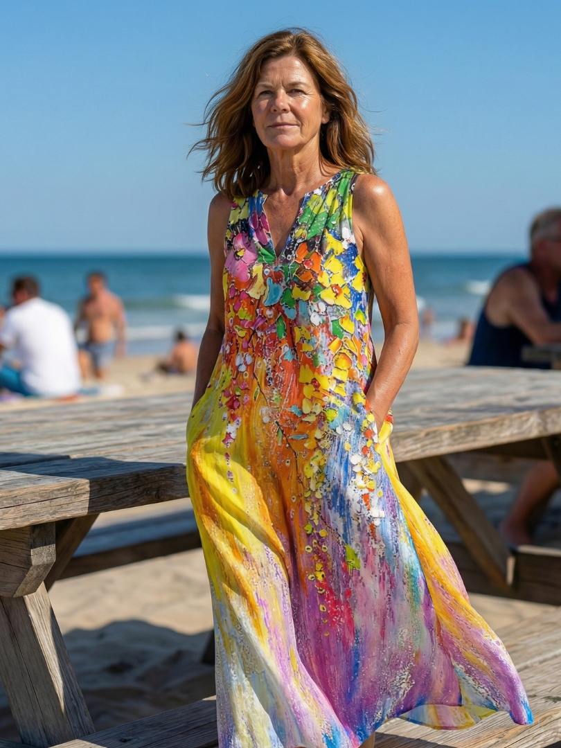 V-Neck Sleeveless Watercolor Floral Maxi Dress