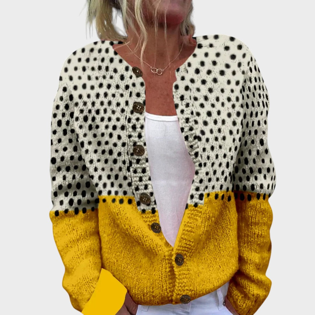 Polka Dot Color Block Button Front Knit Cardigan