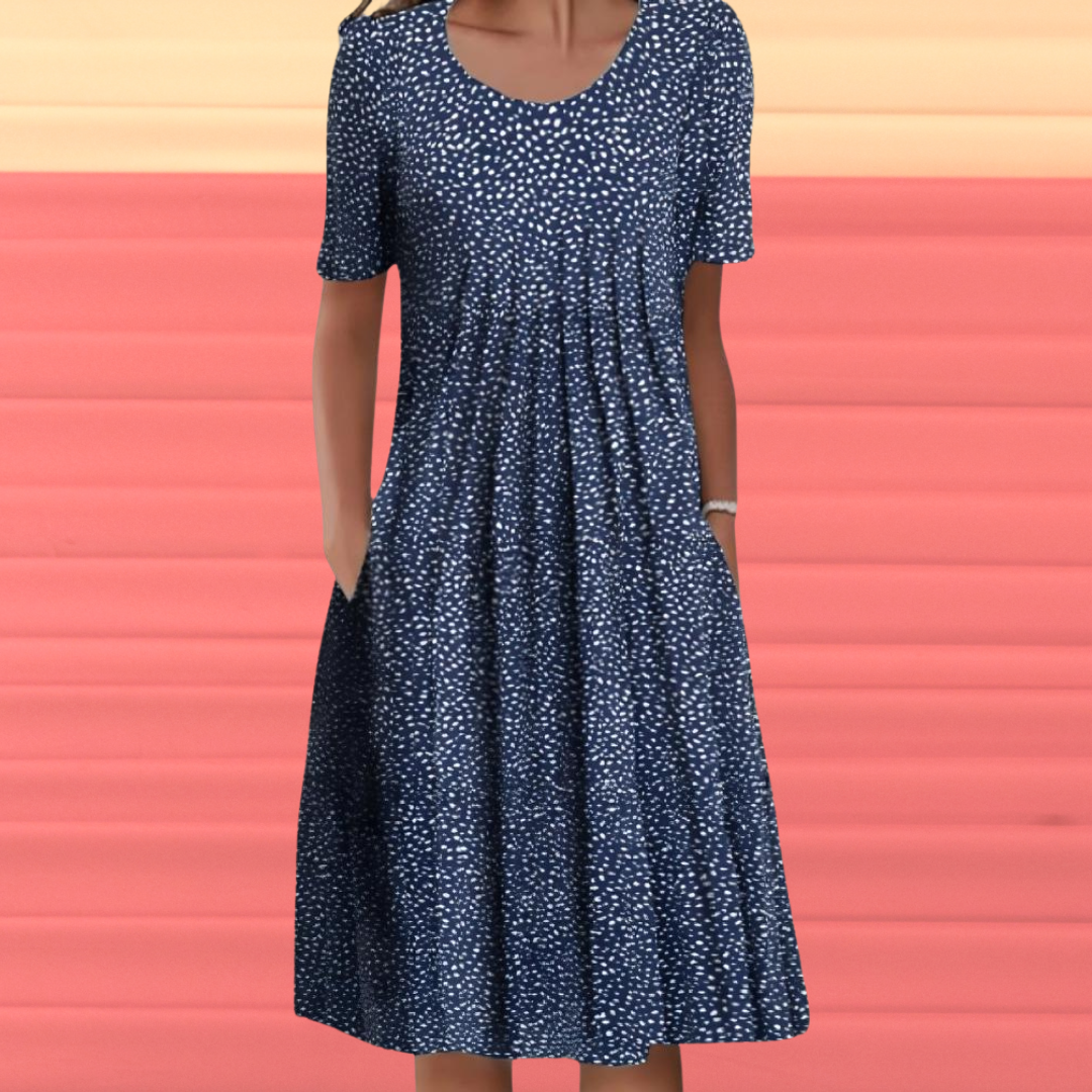 Floral Scoop Neck Short Sleeve Pleated Pocket Midi Dress - View 4