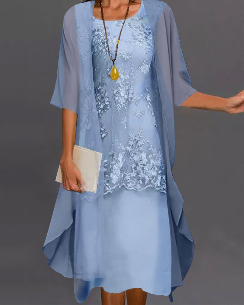 Floral Lace Sleeveless Round Neck Midi Sheer Chiffon Cardigan Set