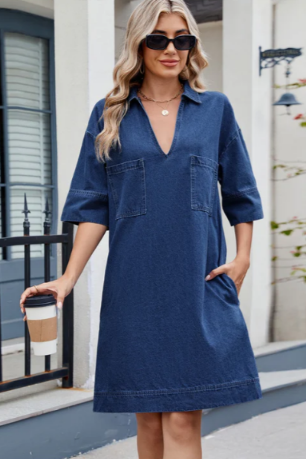 Collared V-Neck Patch Pocket Denim Mini Dress 2