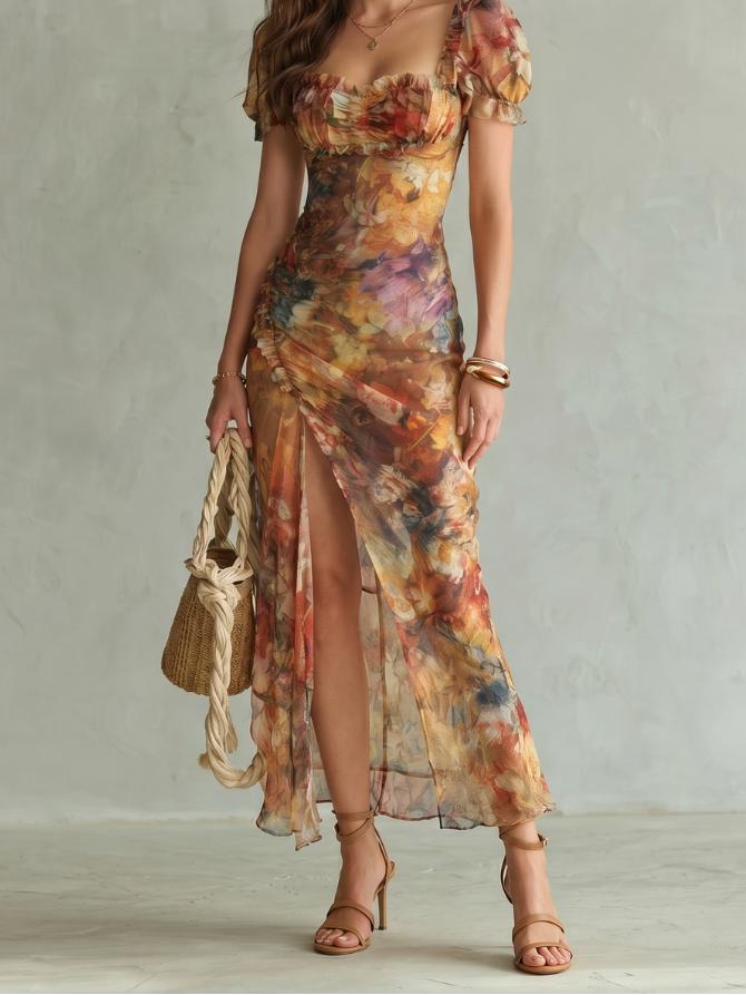 Floral Print Sweetheart Puff Sleeve Ruched High Split Maxi Dress