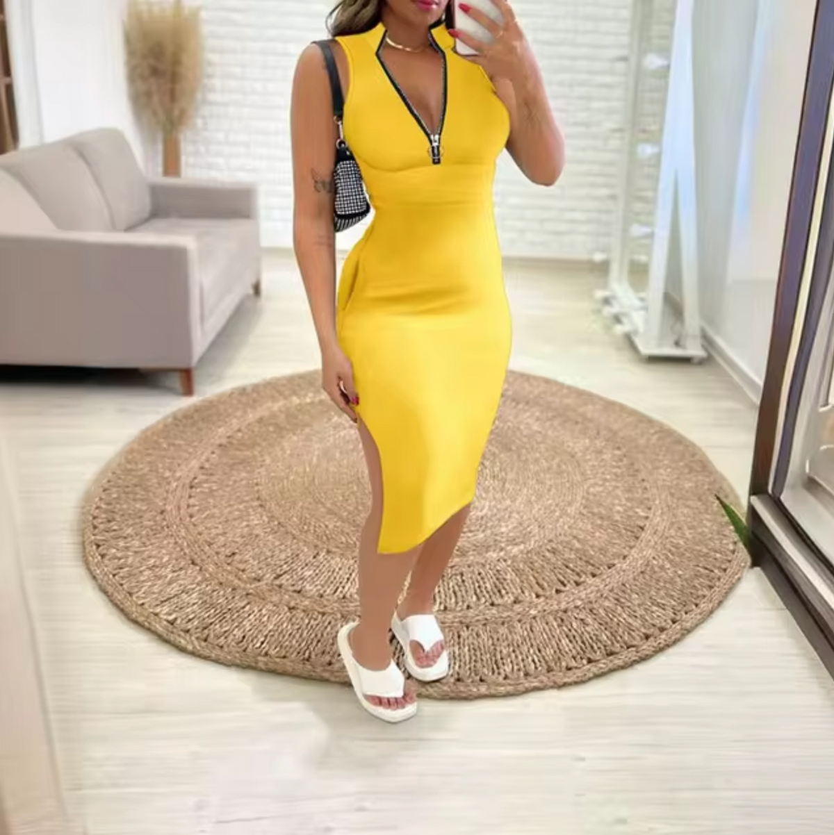 Sleeveless Ribbed Mock Neck Quarter Zip Bodycon High Split Midi Dress