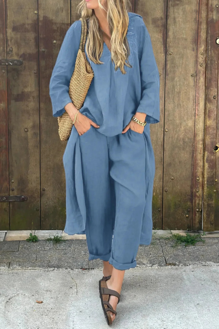V-Neck Long Sleeve Tunic Top and Pants Two Piece Set 2
