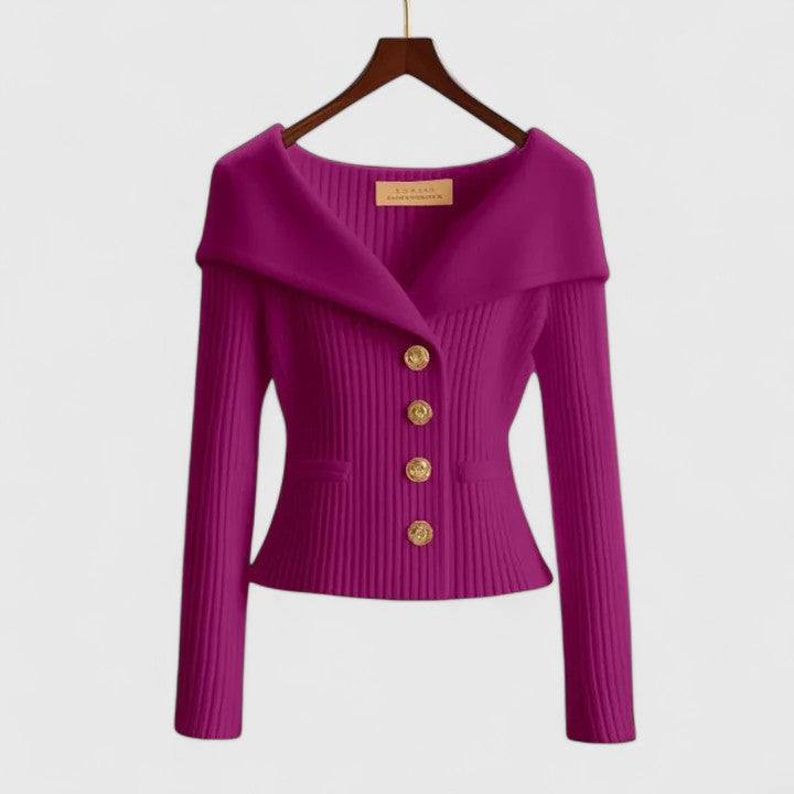 Portrait Collar Button Front Ribbed Knit Sweater 2