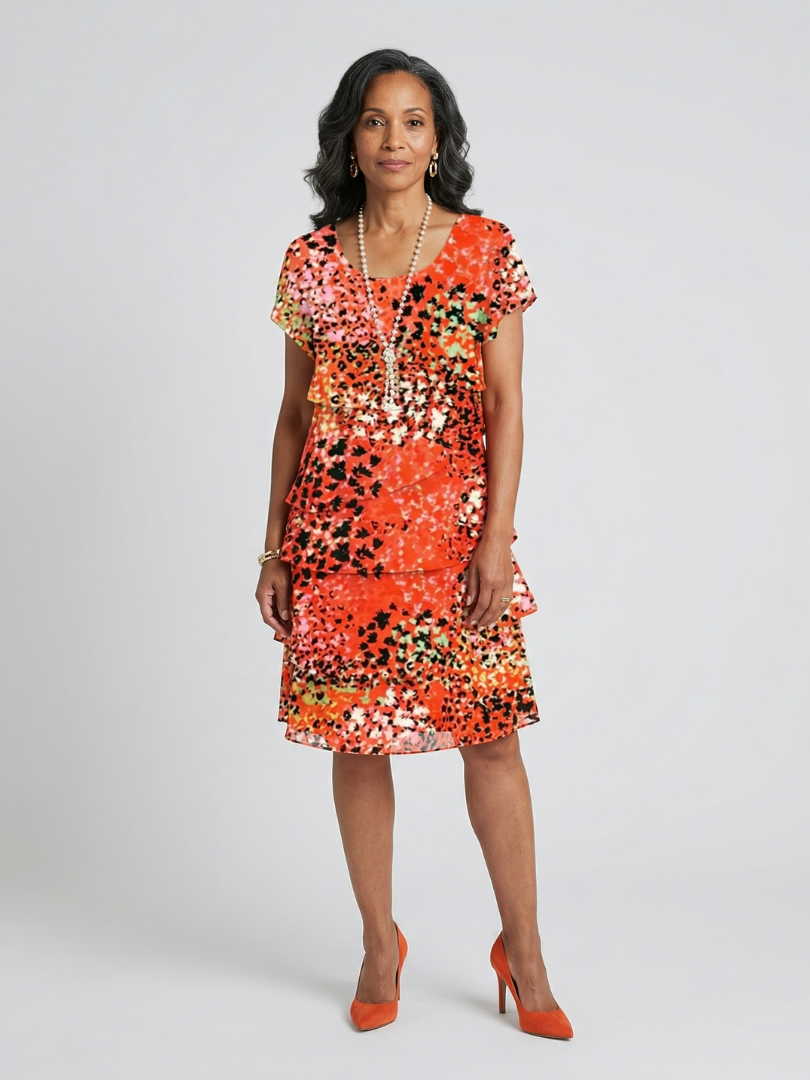 Abstract Spot Print Short Sleeve Tiered Knee Length Dress
