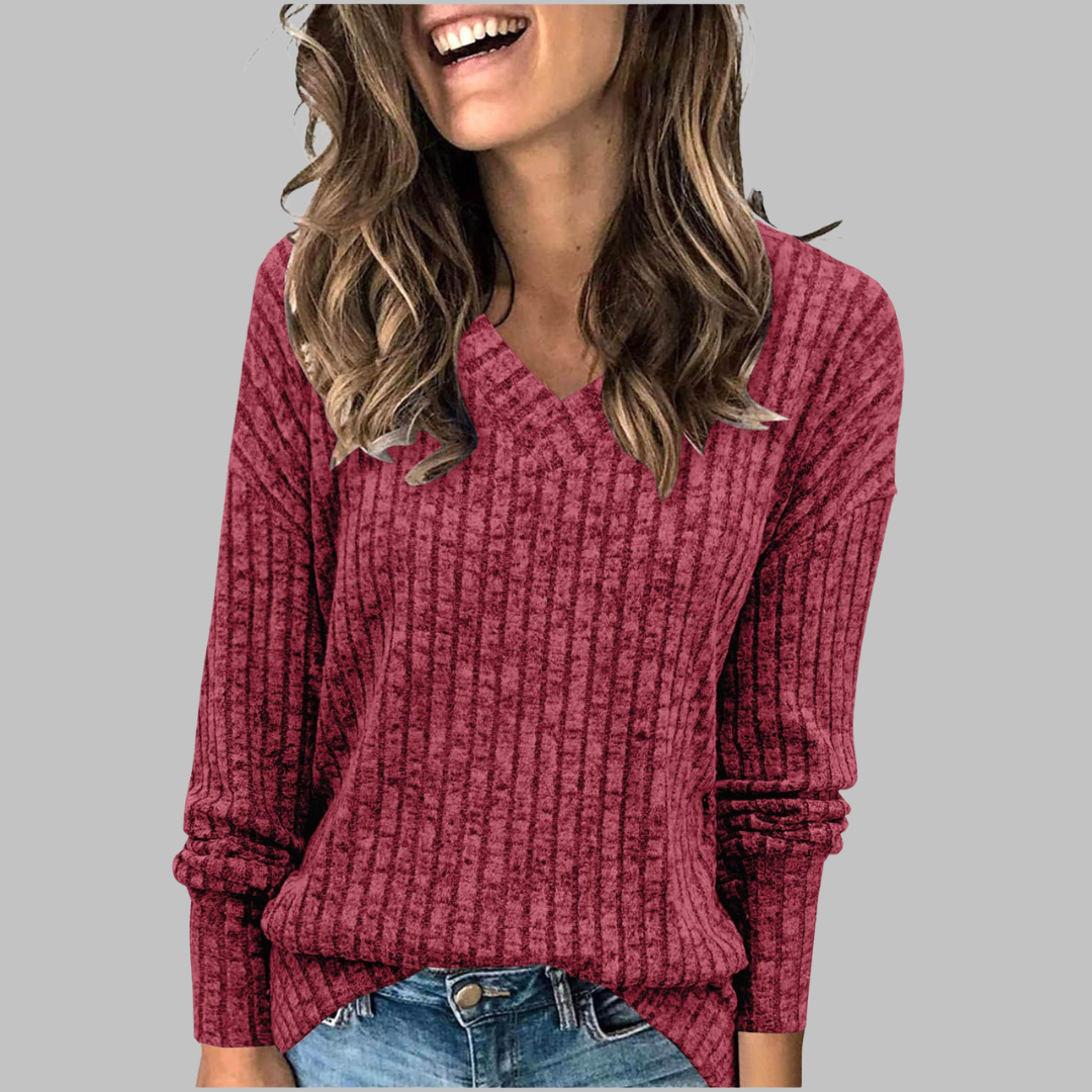 V-Neck Long Sleeve Ribbed Knit Sweater 5