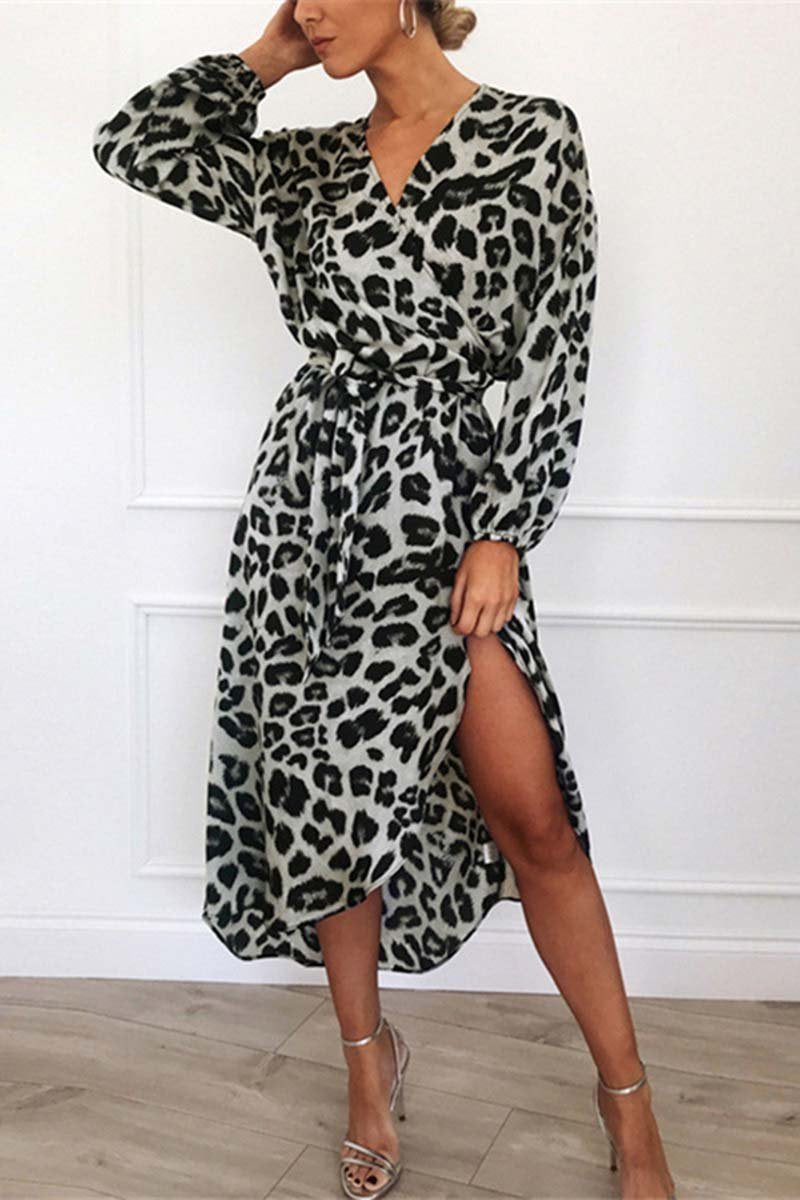 Leopard Print Wrap Deep V-Neck Long Sleeve Tie Waist Midi Dress - View 2