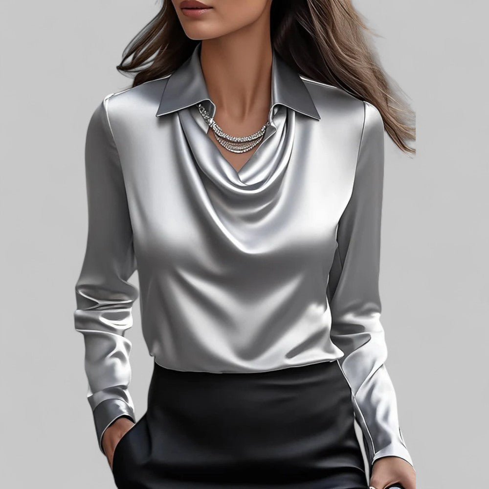 Draped Cowl Neck Long Sleeve Satin Blouse 5