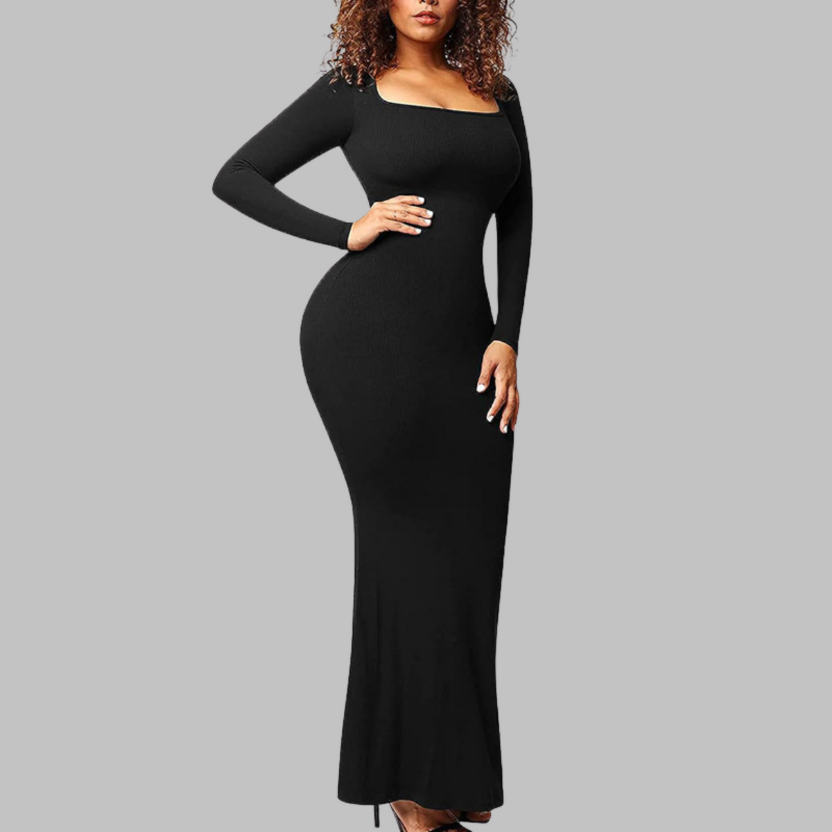 Ribbed Knit Square Neck Long Sleeve Bodycon Maxi Dress 6