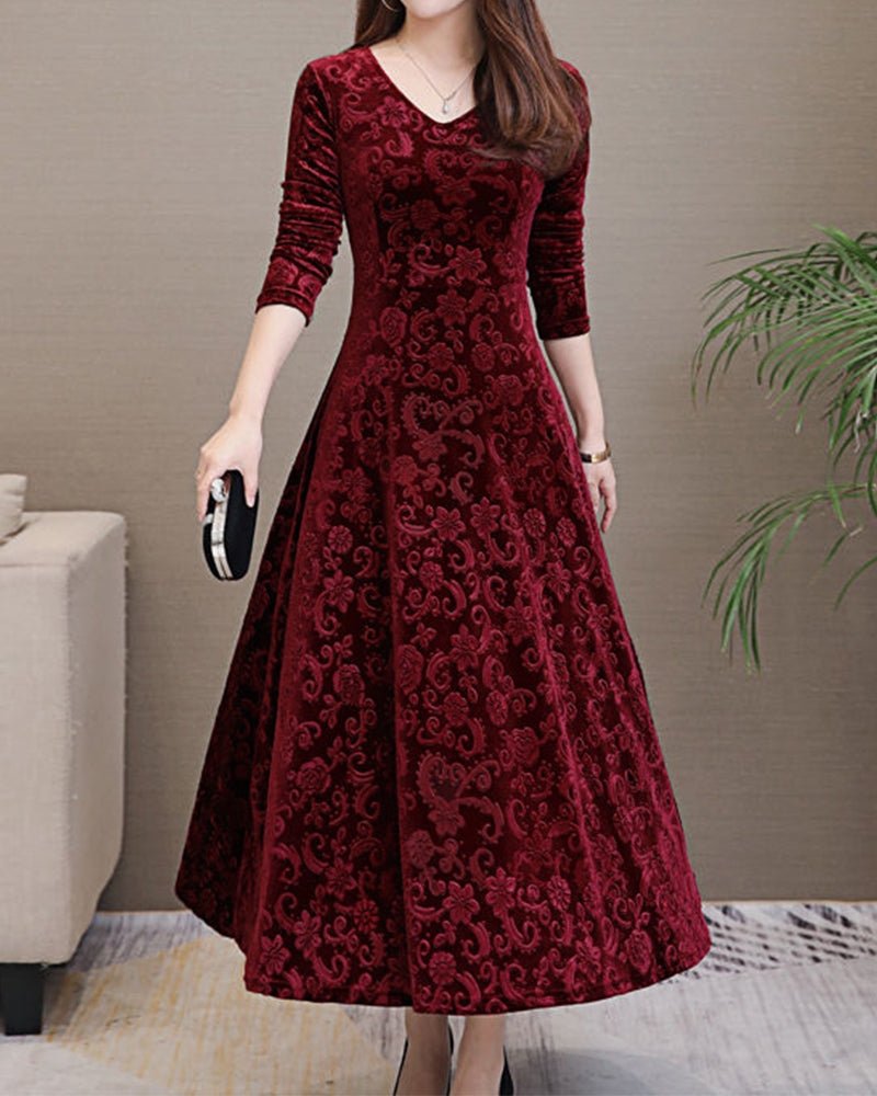 Velvet Burnout Damask V-Neck Three Quarter Sleeve A-Line Maxi Dress