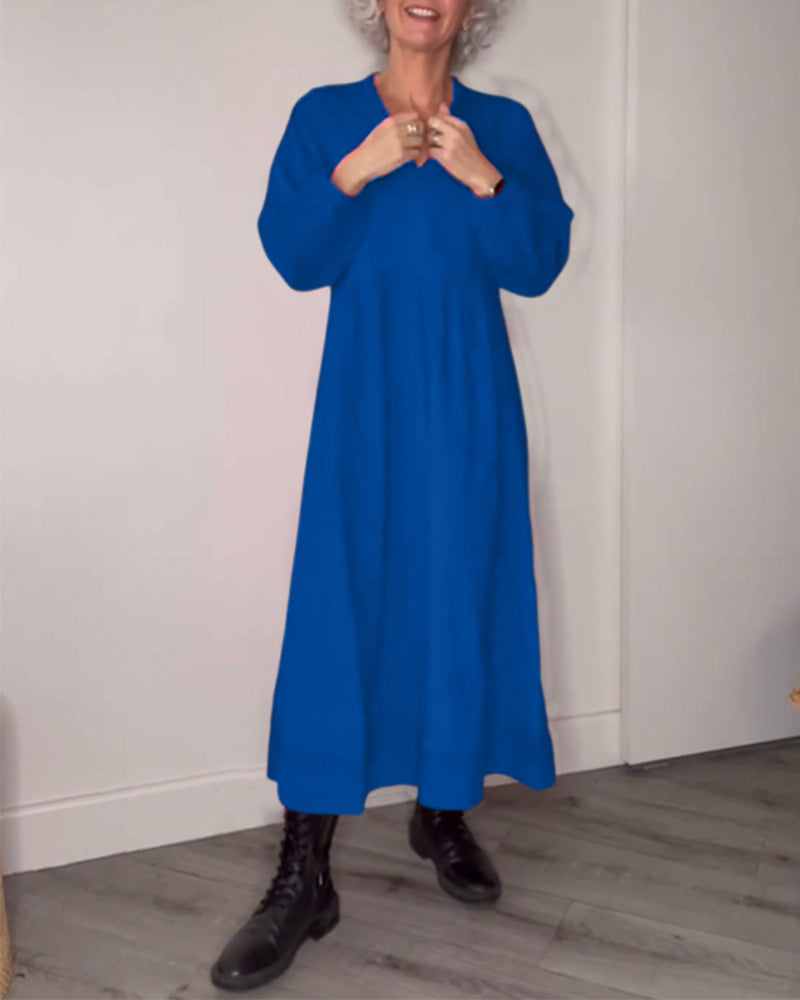 Deep V-Neck Bishop Sleeve Empire Waist Smock Linen Look Maxi Dress - View 3