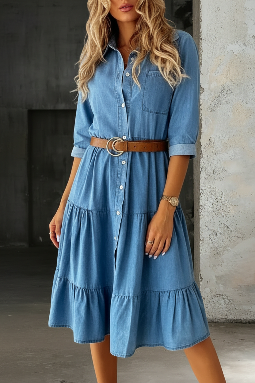 Button Front Tiered Belted Denim Shirt Dress Midi