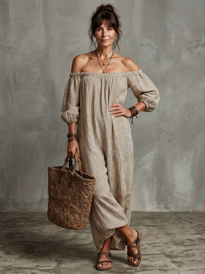 Striped Off Shoulder Puff Sleeve Maxi Dress