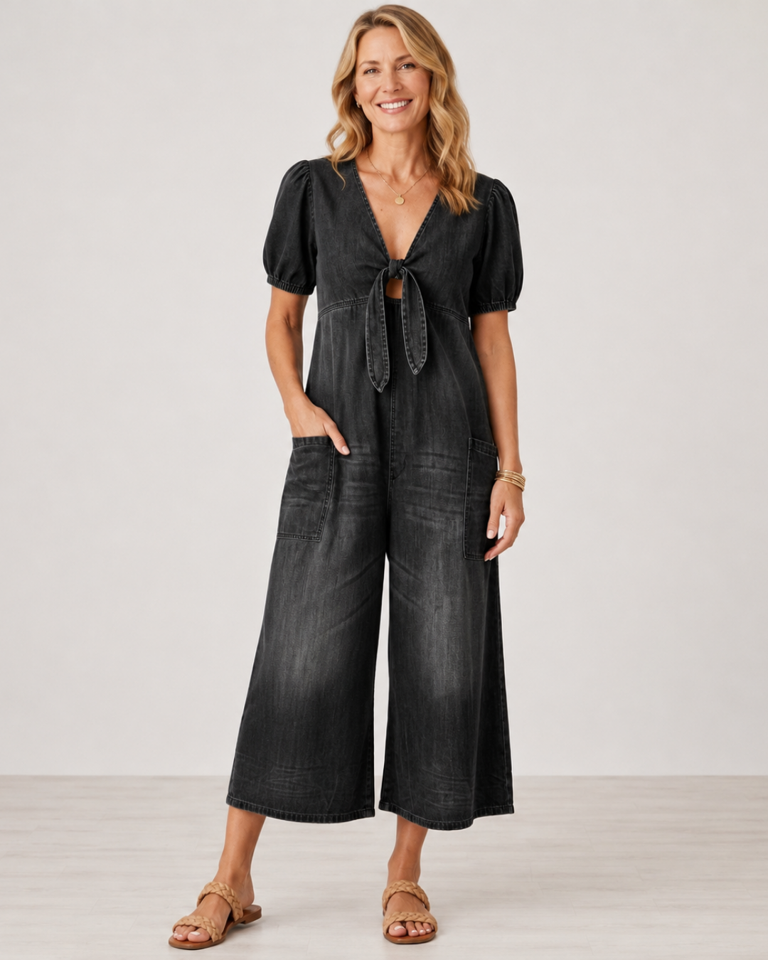 Denim Look Tie Front V-Neck Puff Sleeve Wide Leg Jumpsuit 4