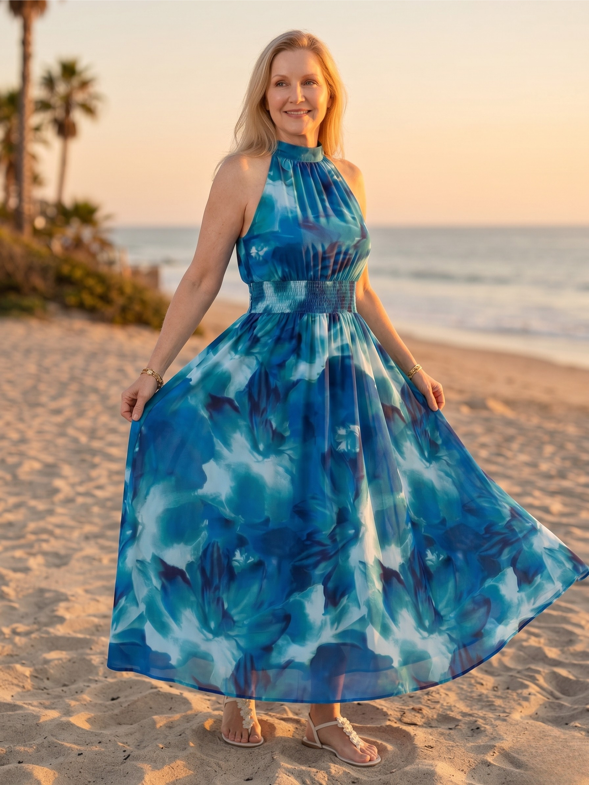 Tie Dye Halter Neck Smocked Waist Maxi Dress 2