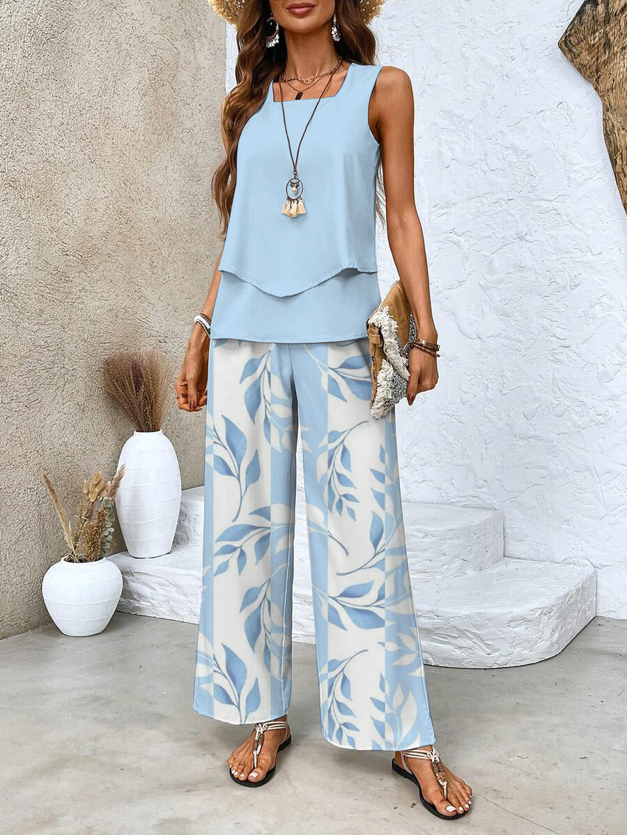 Square Neck Sleeveless Top and Leaf Print Wide Leg Pants Two Piece Set
