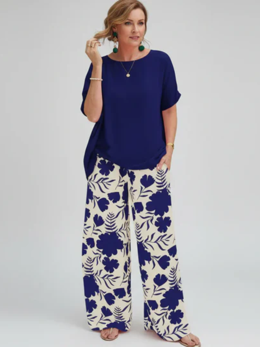 Short Sleeve Top and Floral Wide Leg Pants Two Piece Set