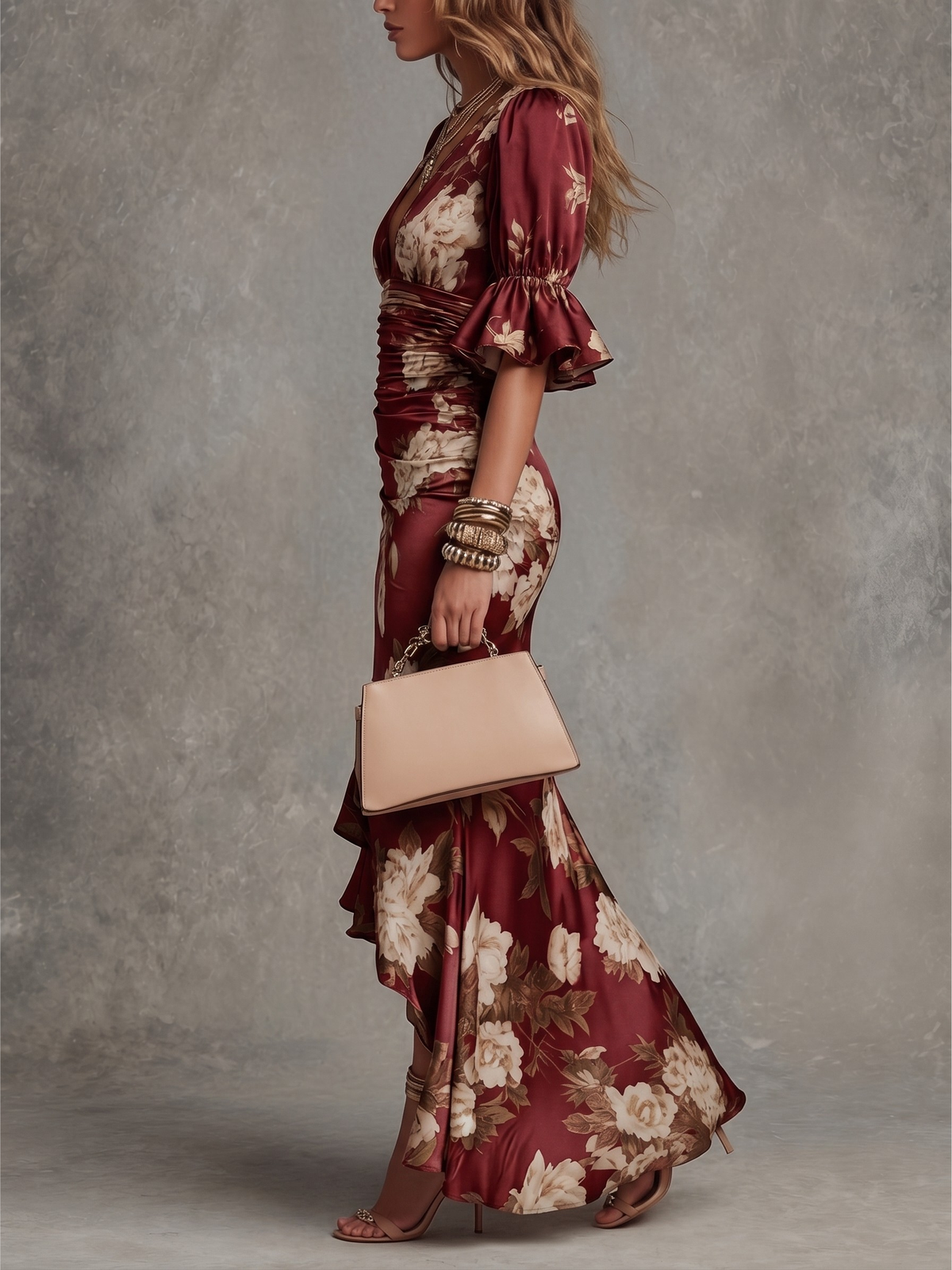 Floral V-Neck Ruffle Sleeve Ruched High Split Maxi Dress 2