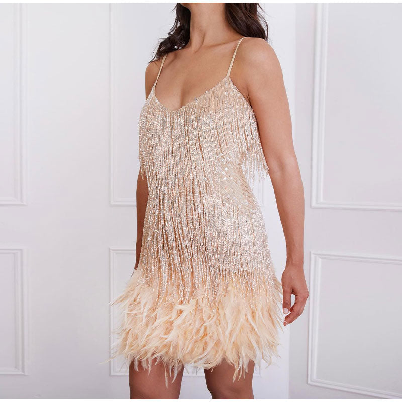 Fringe Tassel Deep V-Neck Spaghetti Strap Cocktail Mini Dress - View 12